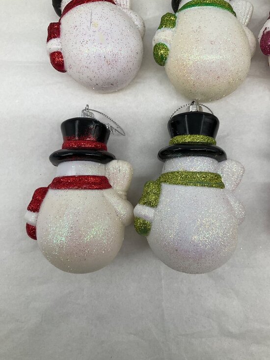 Set Of 9 Glittery Vintage Snowman Christmas Tree Ornaments With Scarves & Top